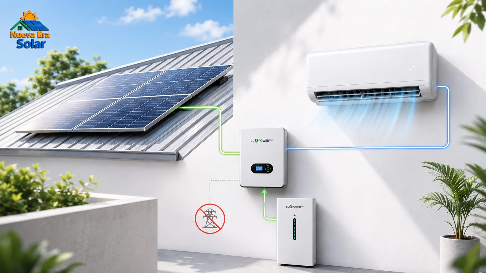 Ilustración: panel solar en techo de lámina conectado a inversor y batería, que alimentan un aire acondicionado tipo minisplit, con la red eléctrica pública desconectada