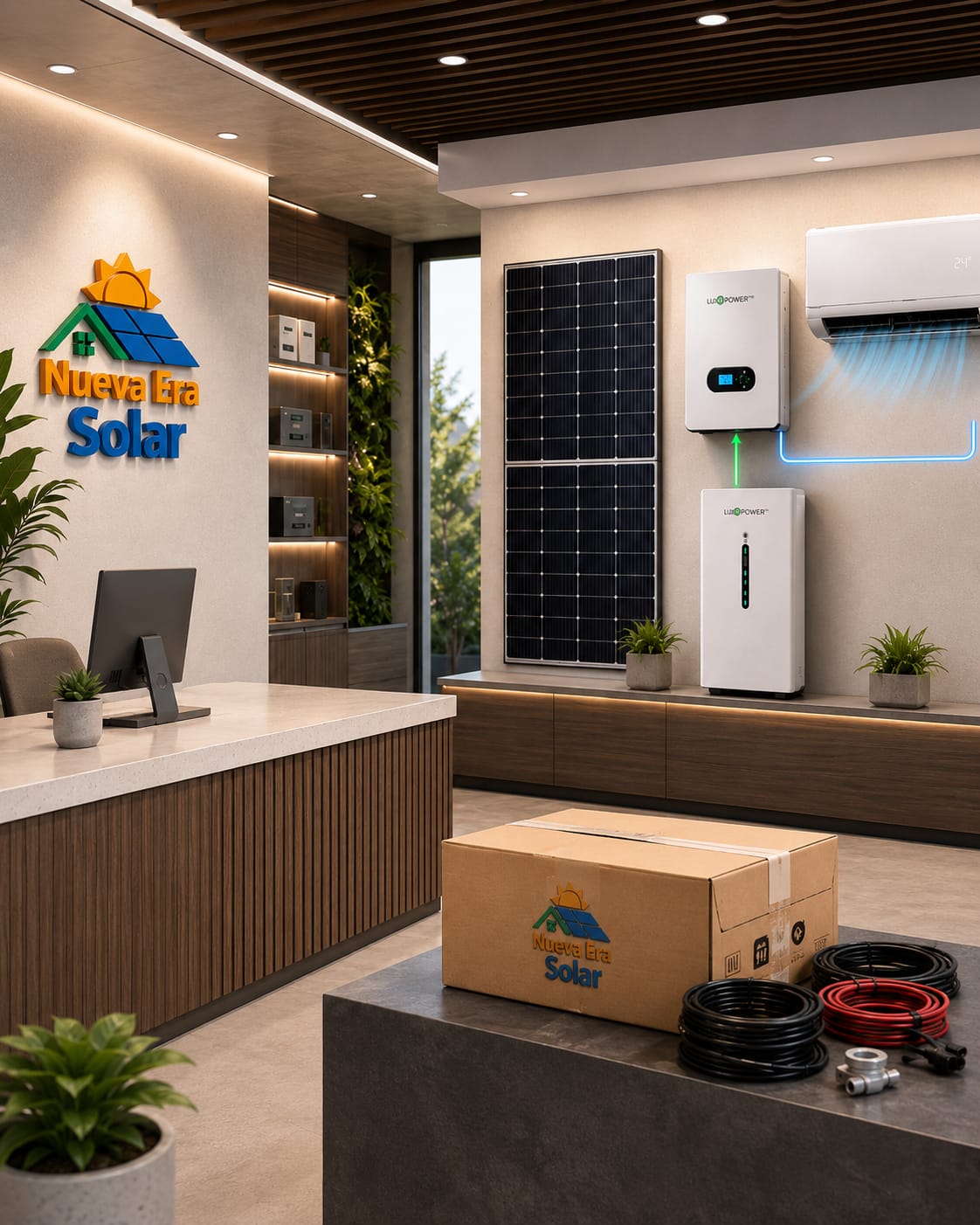 Área de atención con panel solar, inversor, batería y aire acondicionado conectados en exhibición, junto a una caja del kit Aire Solar lista para retirar